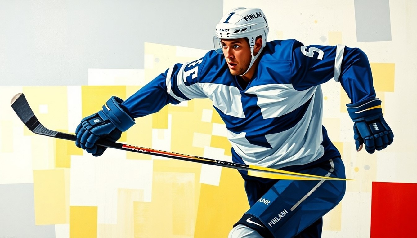 A fragmented, geometric painting depicting a hockey player in mid-action, their jersey colors representing the Finnish national team. The image captures the raw energy and movement of the sport through Picasso's cubist style.