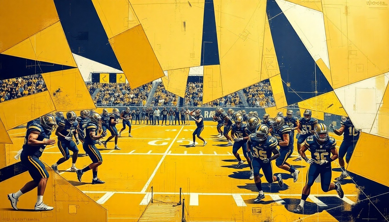 A cubist, geometric painting depicting a fragmented, multi-angle view of a college football practice, with players and equipment broken down into sharp, overlapping shapes in the team's colors of gold, white, and navy blue.