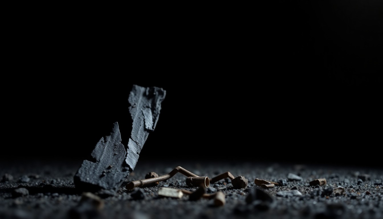 An extreme close-up photograph of a damaged, twisted piece of metal from the Camp Mystic flood site, lit by a harsh camera flash against a pitch-black background, conceptually illustrating the grim physical evidence at the heart of the lawsuits.