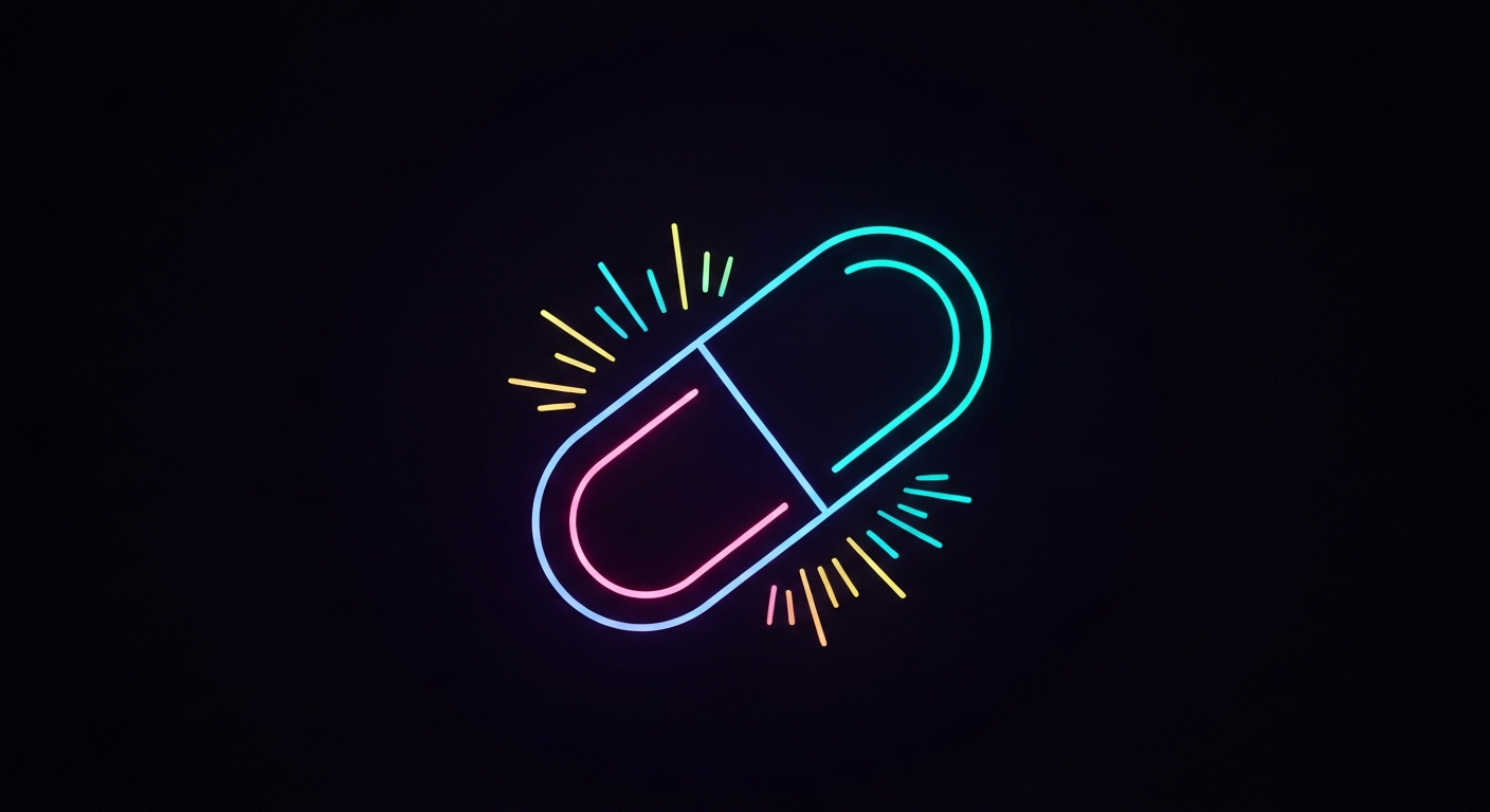 A glowing, vibrant neon outline of a health supplement capsule against a dark background, conceptually representing the energy and innovation of the SupplySide Connect New Jersey event.