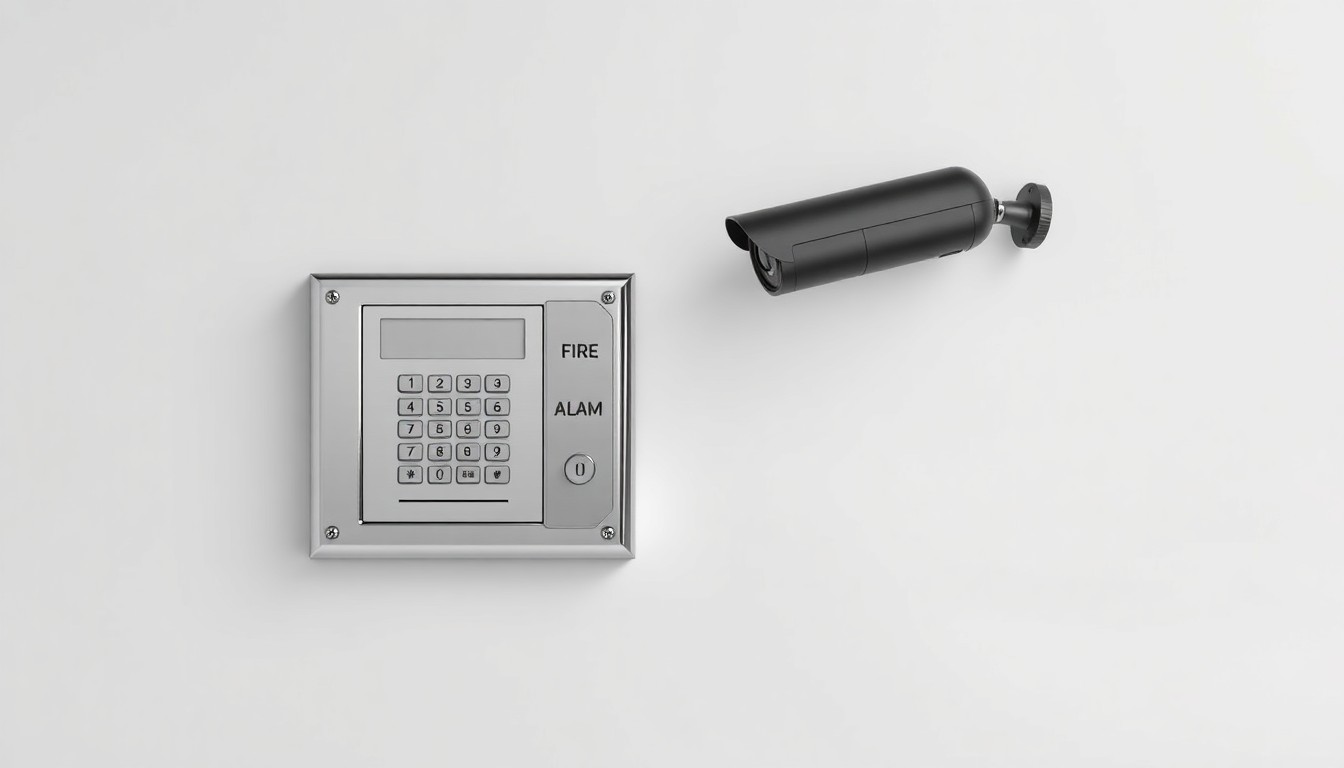 A high-end, photorealistic studio still-life photograph featuring a polished, chrome fire alarm control panel and a sleek, black security camera mounted on a clean, monochromatic background, conceptually representing the integration of fire protection and electronic security systems.