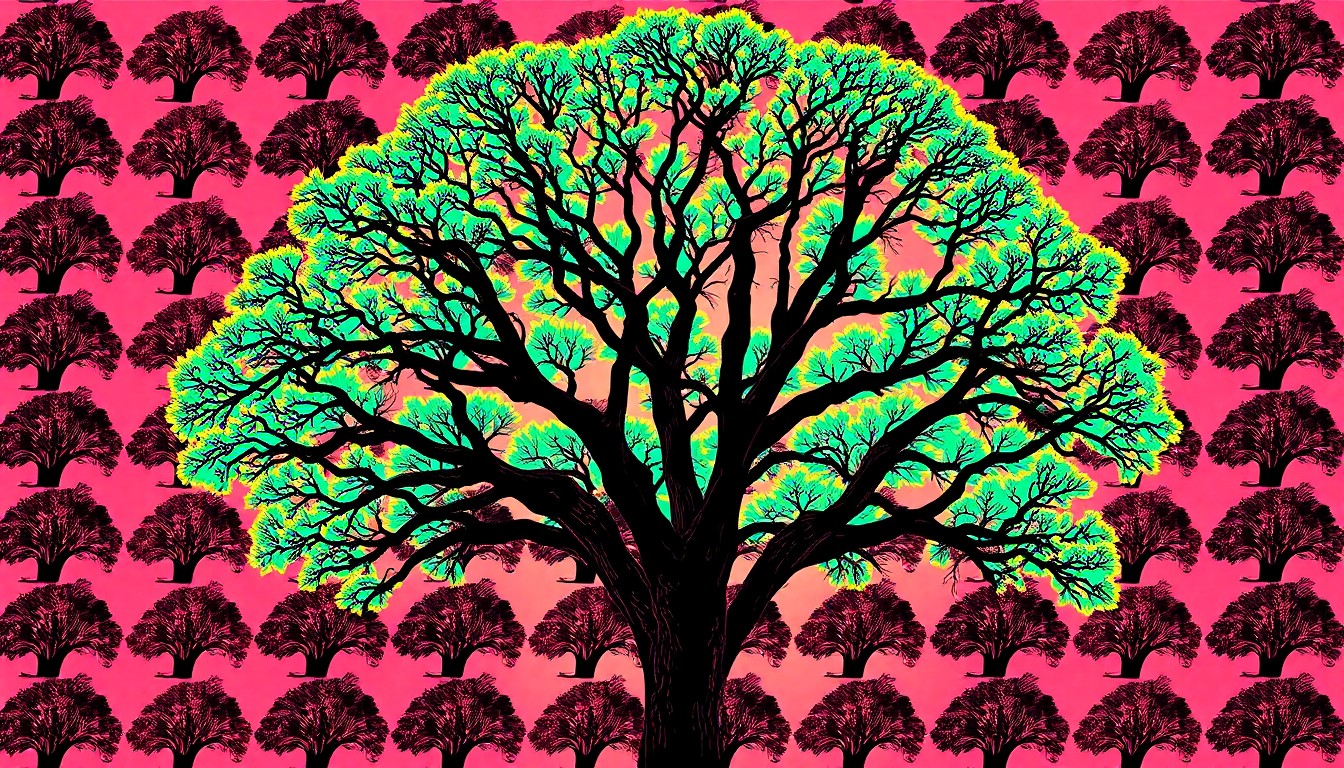 A bold, colorful silkscreen print featuring a repeating pattern of a single iconic tree species in vibrant neon hues, conceptually representing the free tree distribution event in DeLand.