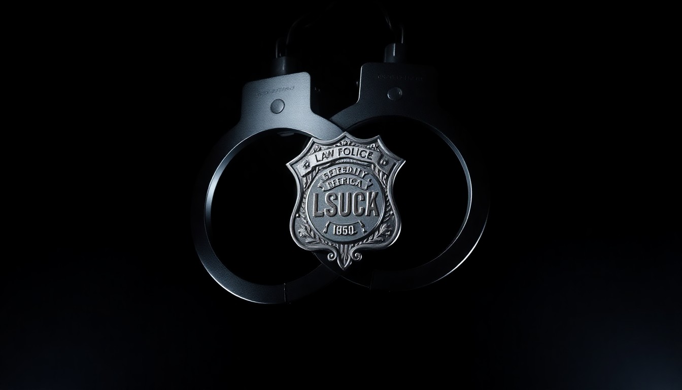 An extreme close-up photograph of a shiny metal handcuff against a pitch-black background, creating a stark, gritty, and investigative visual metaphor for the criminal charges against the ICE officer.