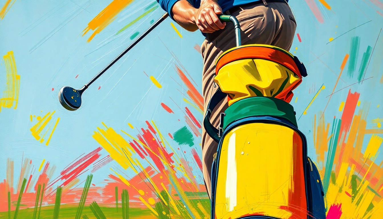 An abstract, expressionist painting in vibrant neon colors depicting the dynamic motion of a golfer swinging a club, with a prominent focus on a bright yellow and green golf bag in the foreground that resembles a giant Ticonderoga pencil.