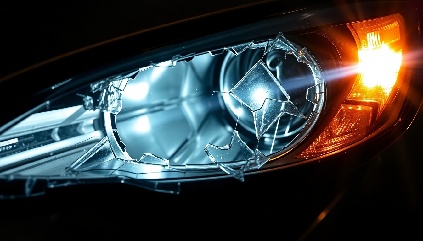 An extreme close-up photograph of a shattered car headlight lens reflecting the harsh glare of a camera flash, conceptually illustrating the aftermath of a high-impact vehicle collision.