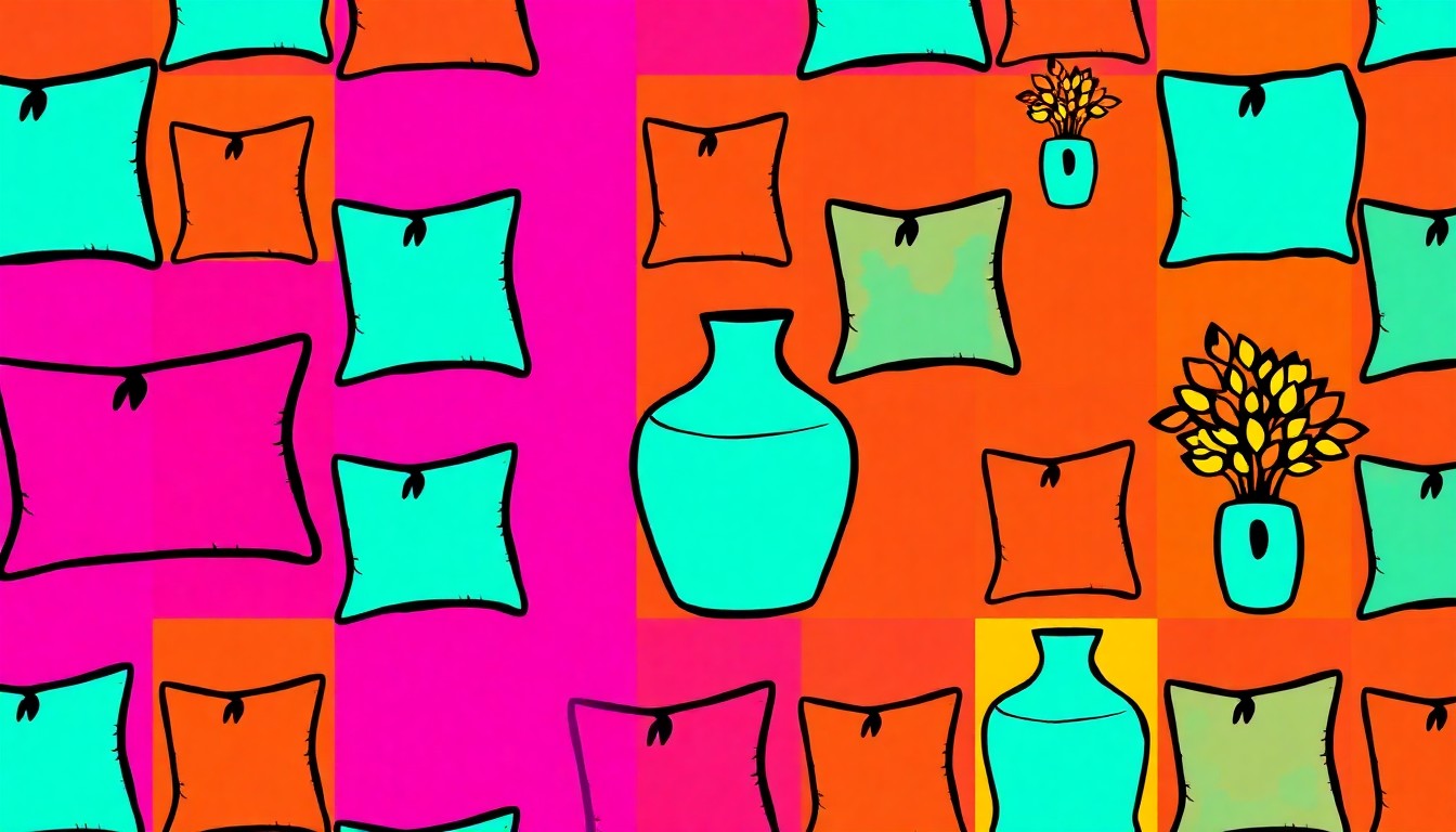 A high-contrast silkscreen print featuring a repeated pattern of a mauve throw pillow in a neon color palette, conceptually representing the outdated 90s design styles that have fallen out of favor.