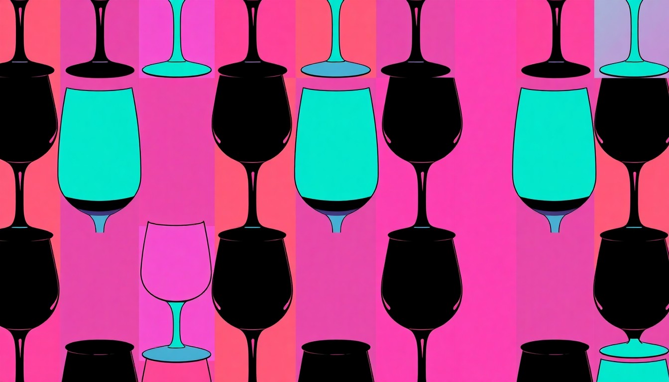 A brightly colored, high-contrast silkscreen print of a wine glass repeated in a tight grid pattern, capturing the vibrant and celebratory mood of the Grand Tour event.