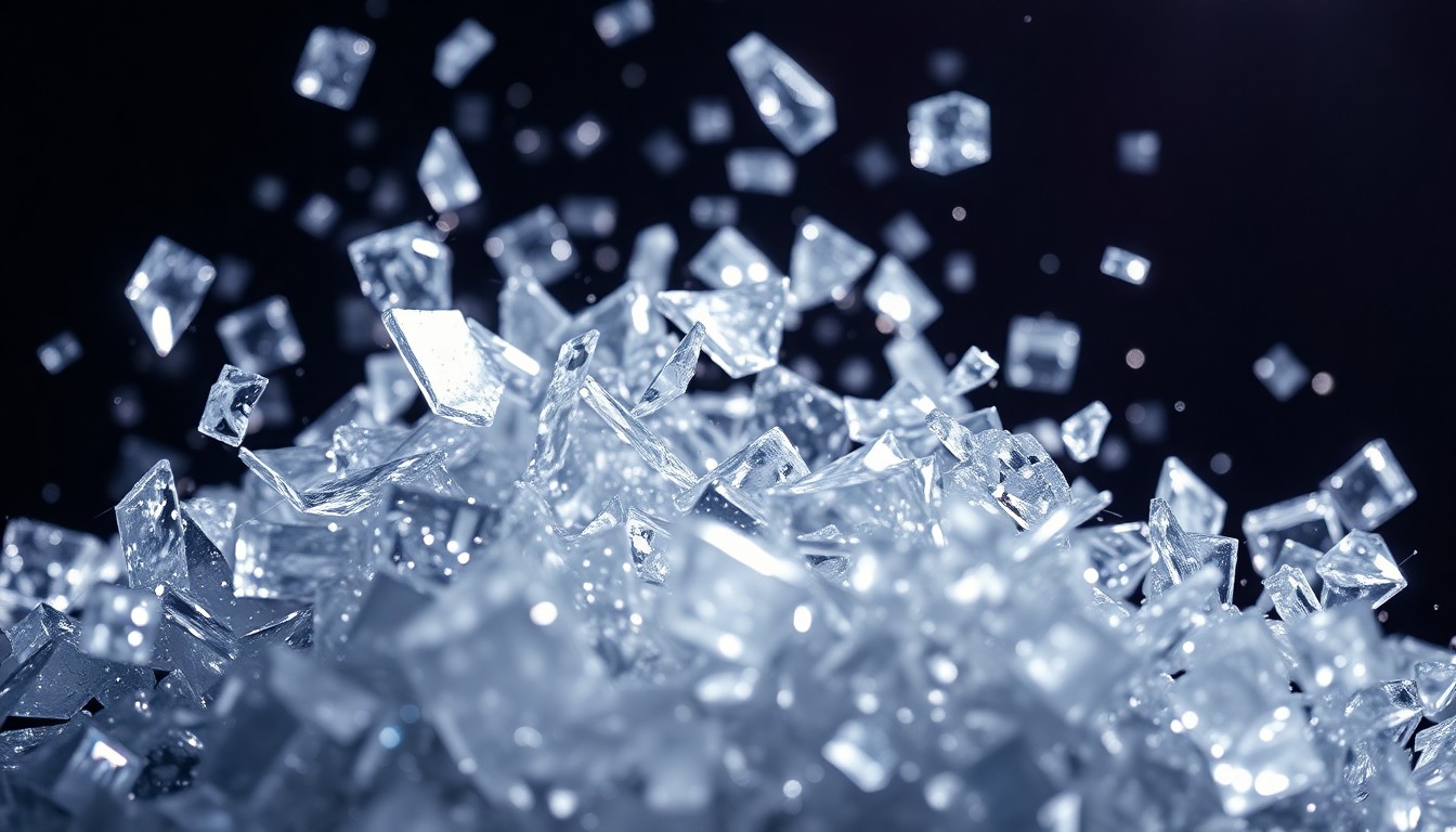 An extreme close-up photograph of shattered, glittering glass fragments under dramatic studio lighting, conceptually representing the fractured nature of a celebrity relationship.