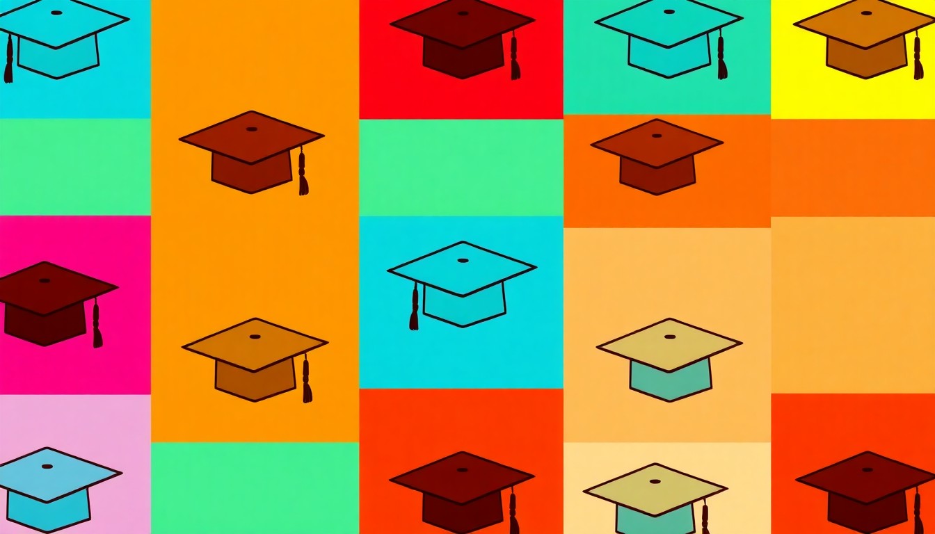 A brightly colored, high-contrast silkscreen print of a graduation cap icon repeated in a tight grid pattern, in the vibrant, pop art style of Andy Warhol, conceptually representing the academic achievements of Midland ISD's top graduates.