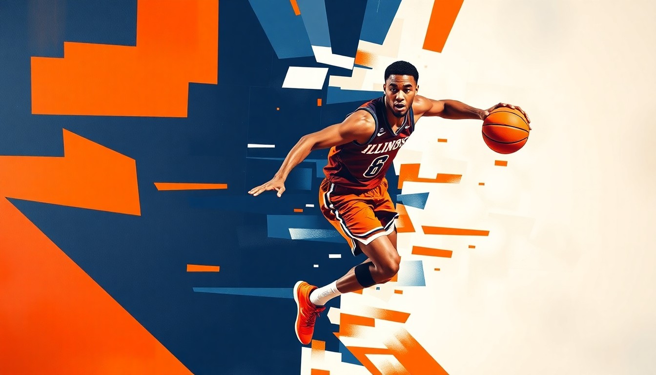 A cubist, geometric painting depicting an Illinois basketball player in motion, with sharp, overlapping planes of color representing the team's palette of navy blue, orange, and white.