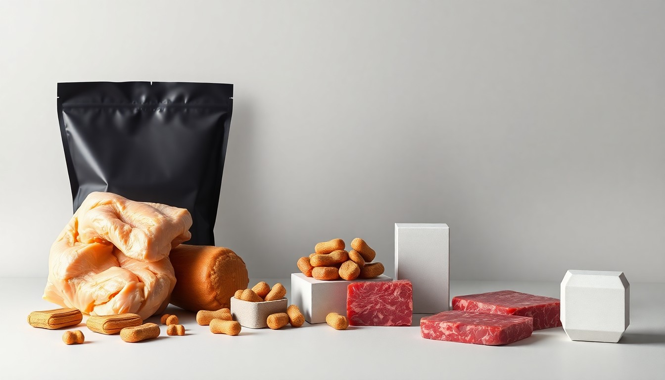 A photorealistic studio still-life photograph featuring a selection of polished, geometric shapes representing the raw materials and production process for Northern Pet PA's new chicken and beef dog treats, conveying a sense of quality, safety, and innovation in the pet food industry.