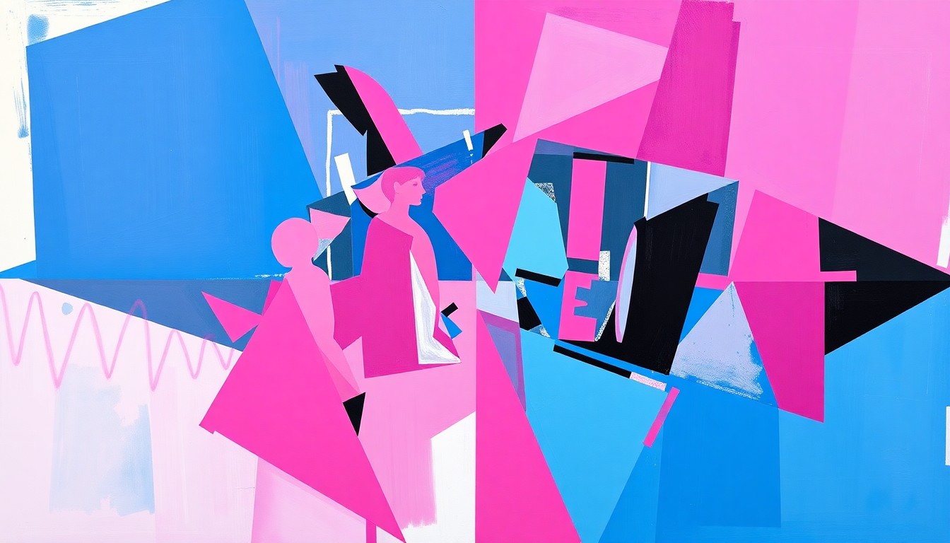 A fragmented, geometric painting in bold shades of pink, blue, and black, depicting the celebratory moment when Pittsburgh Pirates catcher Joey Bart revealed the gender of pitcher Braxton Ashcraft's first child with his wife Cassidy.