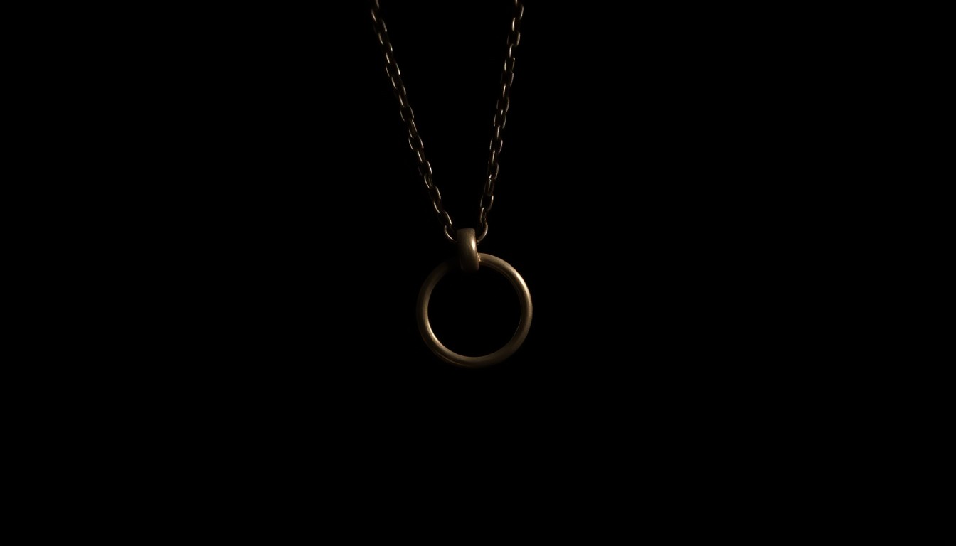 An extreme close-up photograph of a necklace clasp against a pitch-black background, lit by a harsh, direct camera flash, creating a stark, gritty, investigative aesthetic that conceptually represents the jewelry theft scam.