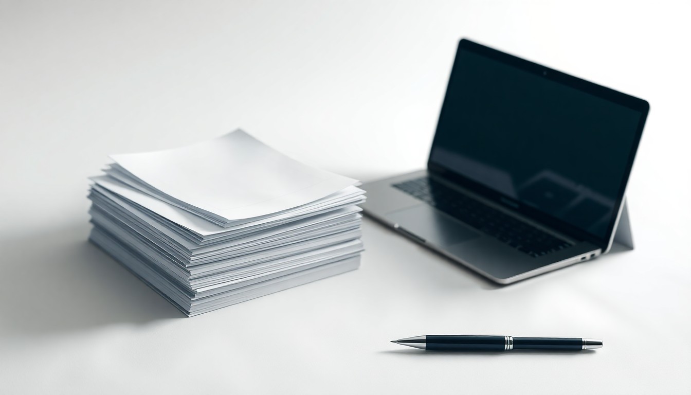 A minimalist studio still life photograph featuring a stack of office documents, a laptop, and a pen arranged elegantly on a clean, white background. The objects are made from polished materials and use dramatic lighting to represent abstract corporate strategy and market trends.