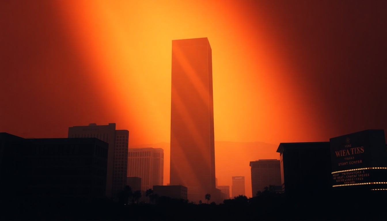 A photorealistic painting of a tall, glass-and-steel skyscraper in the style of Edward Hopper, with the Las Vegas Strip visible in the background, conceptually representing Trump's political ambitions and the economic issues at stake in Nevada.