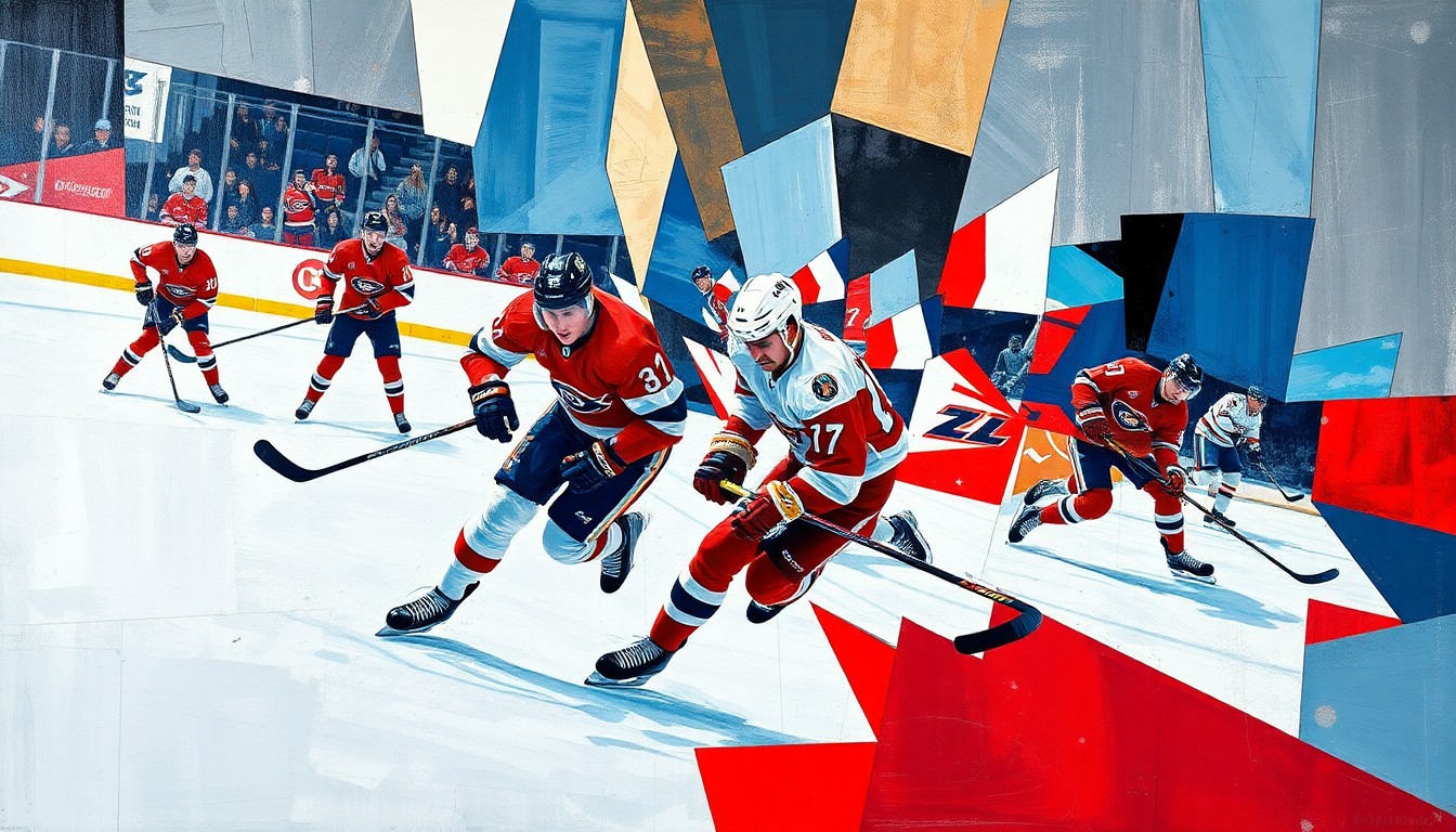 A fragmented, geometric painting depicting the dynamic movements and actions of a hockey player, conceptually representing the uncertainty surrounding Alex Ovechkin's future.
