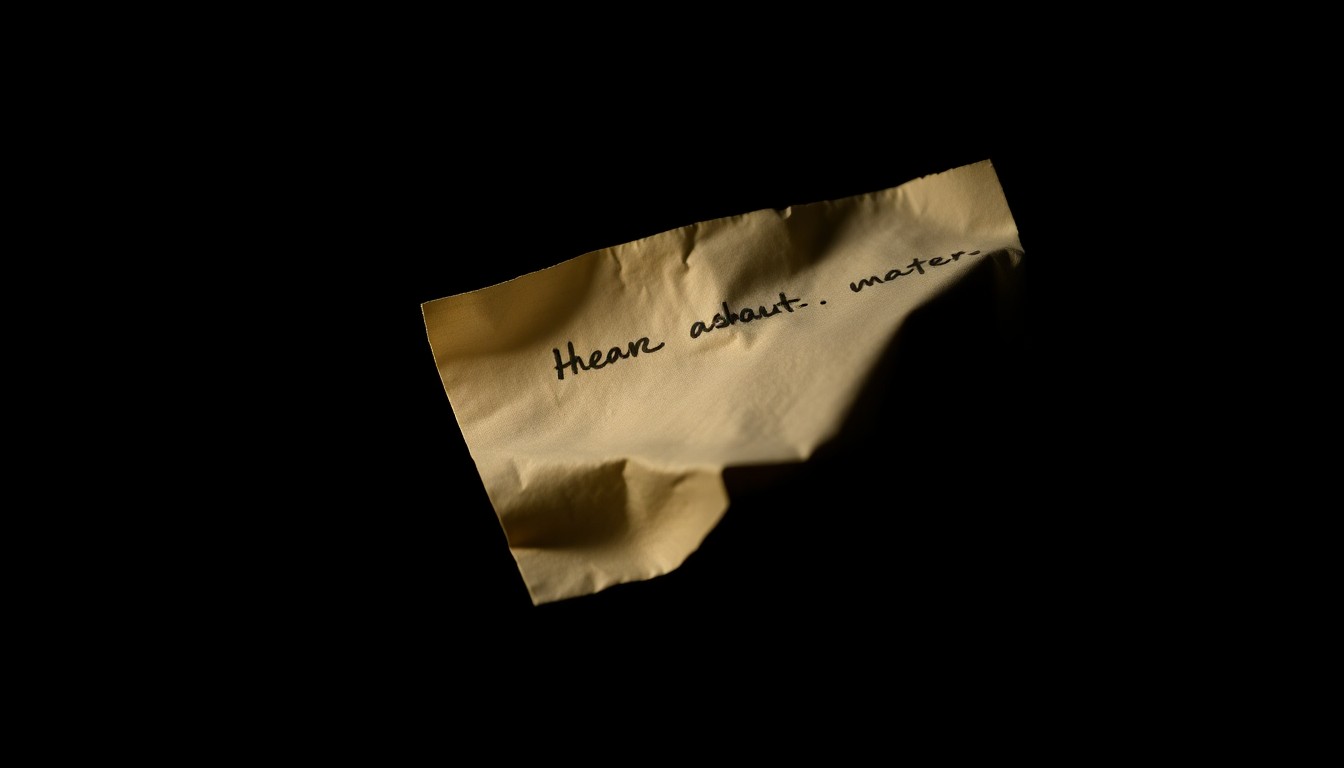 An extreme close-up photograph of a crumpled piece of paper with a faint handwritten note, conceptually representing the investigation into a sexual assault case without depicting any violence or victims.