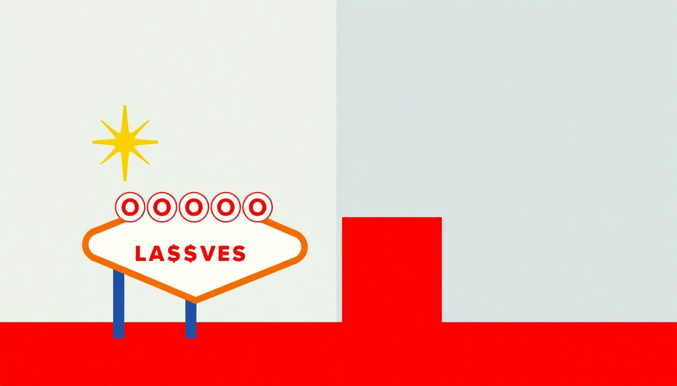 A geometric abstract illustration composed of overlapping triangles and rectangles in shades of blue, red, and yellow, conceptually representing the complex economic trends in Las Vegas.