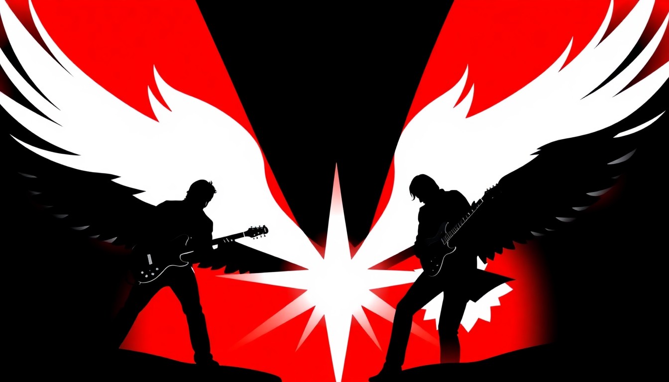 A bold, abstract illustration featuring stark black silhouettes of the Eagles' iconic logo set against a high-contrast background of vibrant red and white geometric shapes, capturing the energy and legacy of the band's record-breaking residency in Las Vegas.