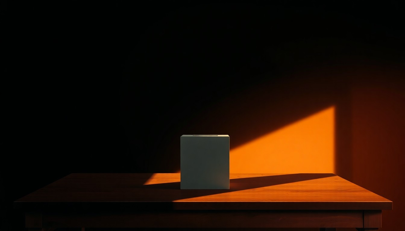 A close-up view of an old, wooden ballot box sitting alone on a table in a dimly lit room, the box's surface reflecting the warm, diagonal sunlight streaming in through a window, creating a sense of melancholy and isolation.