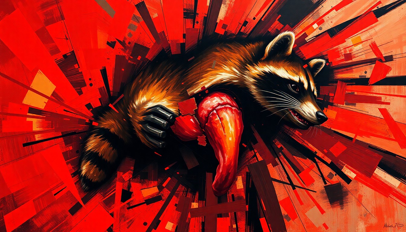 A dynamic, abstract painting depicting a fractured, geometric representation of a severed raccoon's genitalia in a swirling composition of bold, clashing colors, conceptually illustrating the bizarre personal anecdote about a government official's alleged collection of roadkill remains.