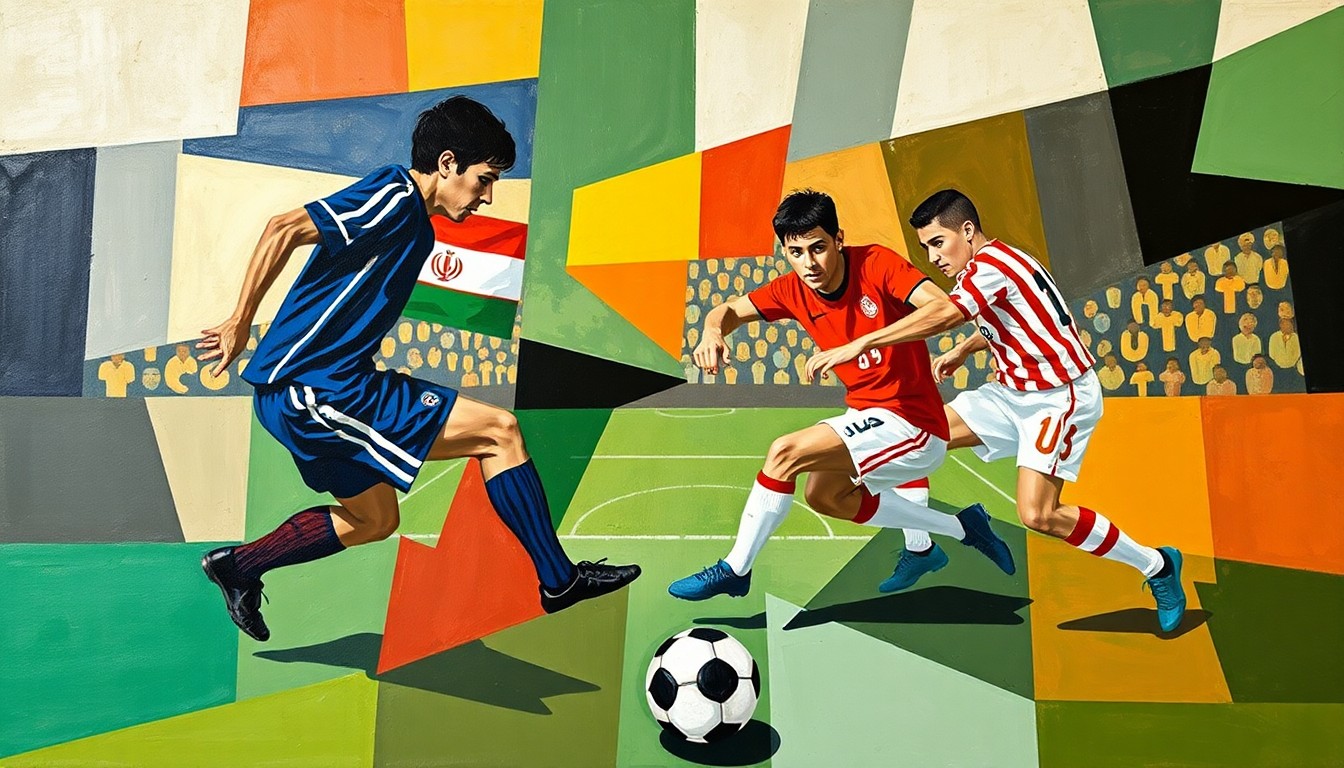 A cubist, geometric painting depicting an abstract soccer match between Iran and the United States, with the players' forms broken down into sharp, overlapping shapes and the ball and field lines cutting across the canvas in dynamic, intersecting lines.