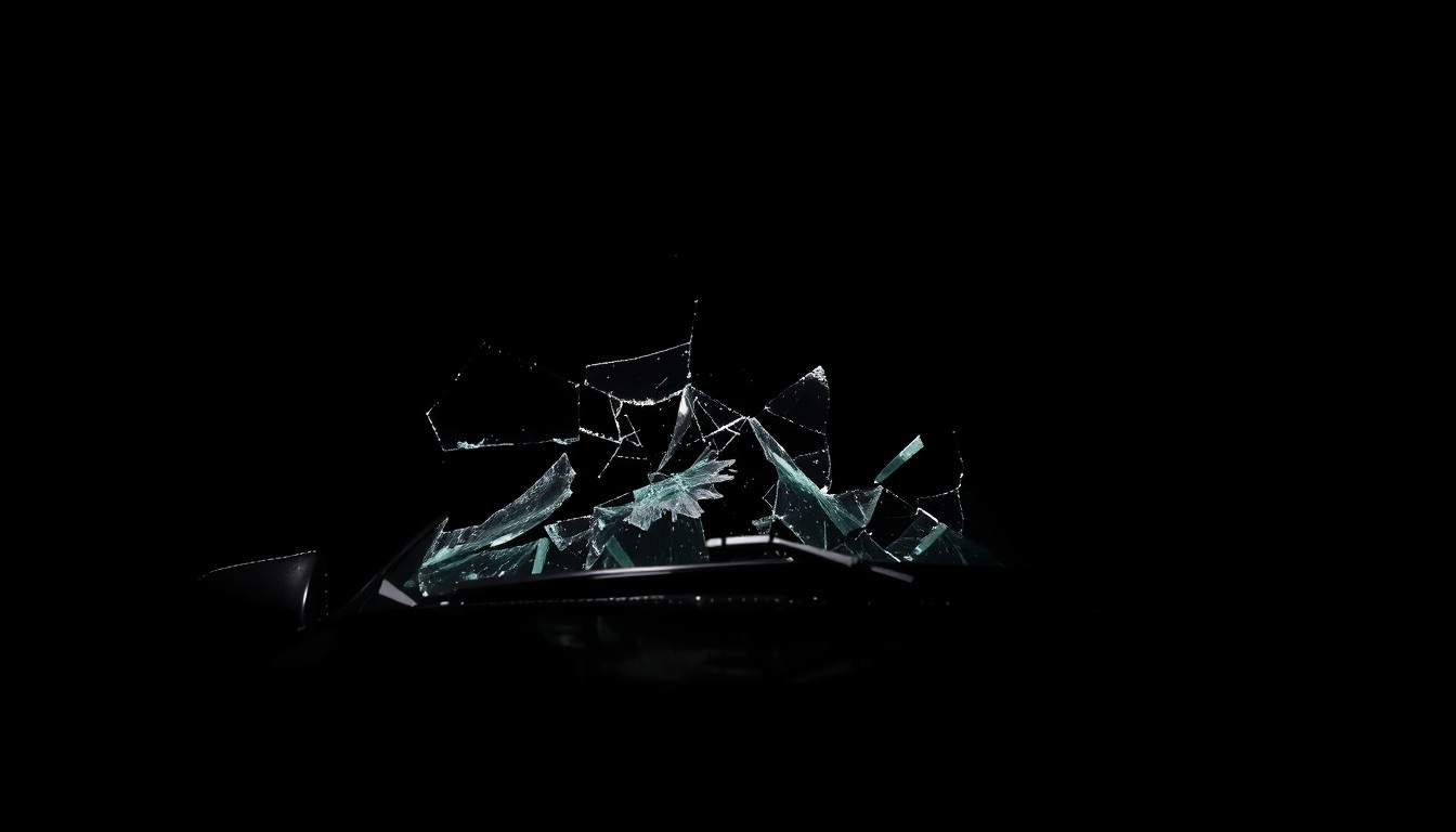 An extreme close-up photograph of a shattered car windshield or crumpled car part, lit by a harsh, direct camera flash against a pitch-black background, conceptually illustrating the devastating impact of a high-speed street racing collision.
