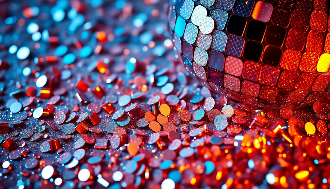 An extreme close-up photograph of sparkling sequins and shattered disco ball fragments, capturing the luxurious textures and dramatic lighting of high-fashion glamour in the entertainment industry.