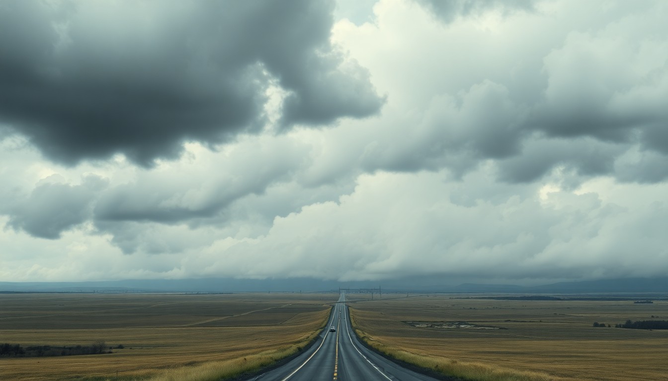 A sweeping, atmospheric landscape painting in muted tones of grey and blue, with a winding interstate highway cutting through a vast, windswept field under an ominous, cloud-filled sky.