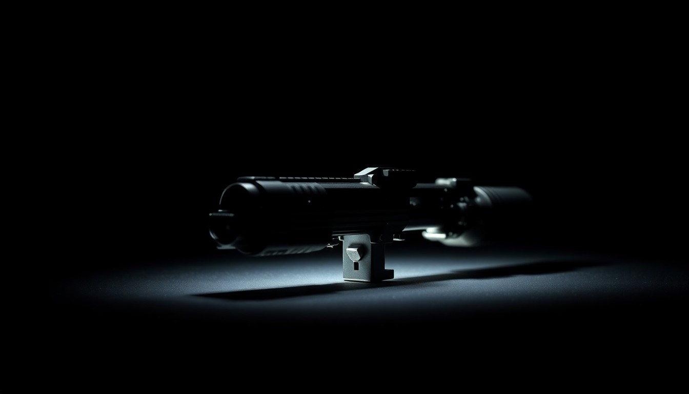 An extreme close-up photograph of a disassembled AR-style pistol component, such as the magazine or trigger mechanism, lit by a harsh, direct camera flash against a pitch-black background, conceptually illustrating the threat of firearms in a corporate setting.