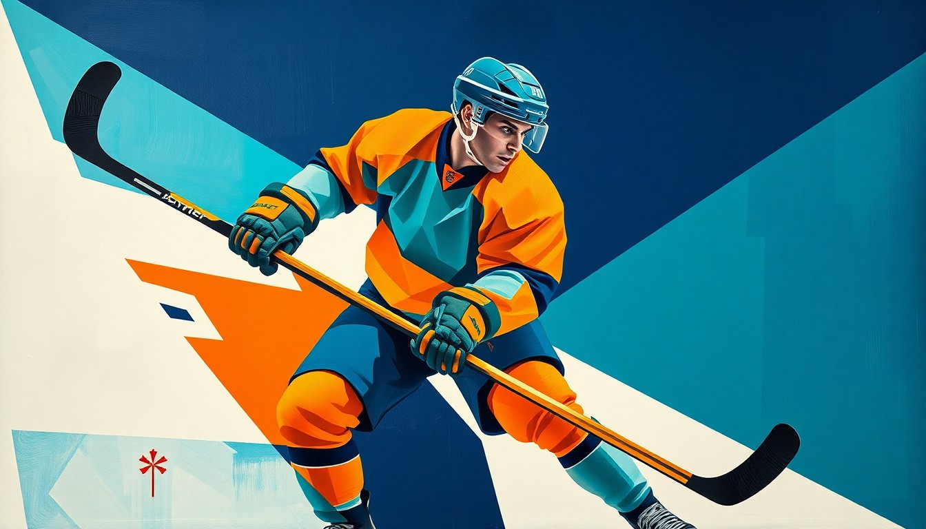 A fractured, multi-perspective painting depicting a hockey player in mid-shot, their body and stick deconstructed into sharp, overlapping geometric planes in a palette of teal, orange, and navy blue, conceptually representing the Sharks' strategic focus on developing well-rounded offensive talent.