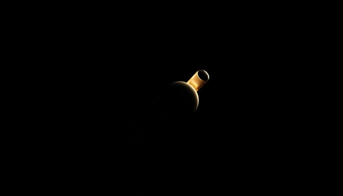 An extreme close-up photograph of a whistle against a stark black background, the harsh flash illuminating the textured metal surface and creating dramatic shadows, conceptually representing the confrontational nature of the incident without depicting any actual violence.