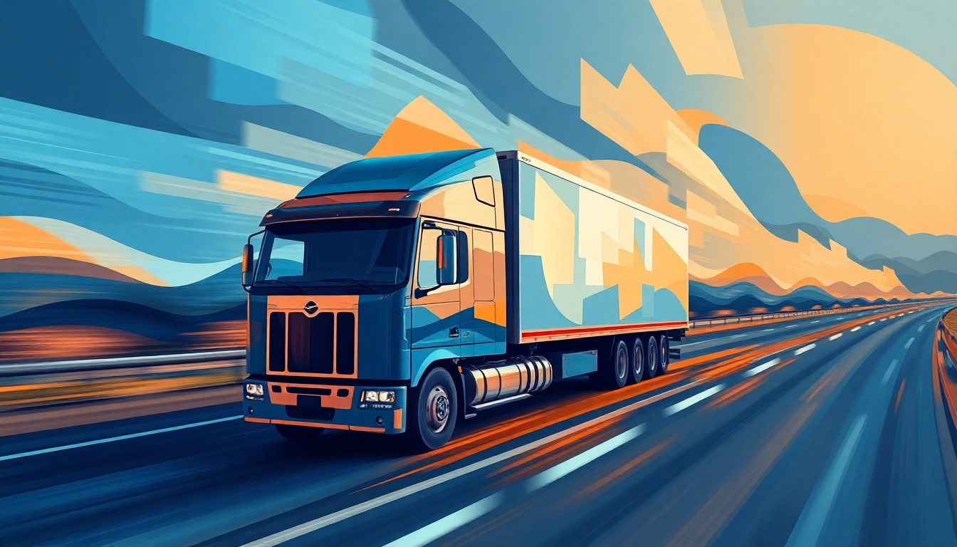 A dynamic, abstract painting featuring a large commercial truck speeding down a highway, with overlapping geometric shapes and waves of vibrant colors, conceptually representing the complex issues around driver's license policies for immigrant workers.