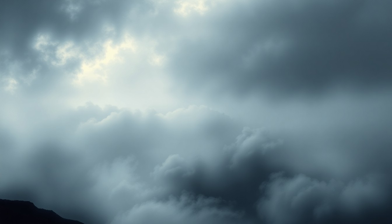 A vast, atmospheric landscape painting depicting the Massachusetts coastline shrouded in thick, moody fog, conveying the overwhelming scale and power of the natural world.