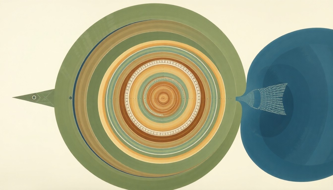 A highly textured, abstract painting in soft earth tones, featuring sweeping geometric arcs, concentric circles, and precise biological spirals, conceptually representing the complex life cycle and migratory patterns of the Pacific lamprey.