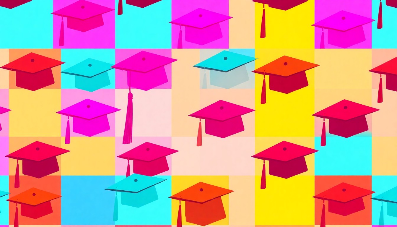 A brightly colored, high-contrast silkscreen print of a graduation cap repeated in a tight grid pattern, in the style of Andy Warhol. The image utilizes flat, vibrant, and unnatural neon color palettes overlapping with heavy black photographic outlines to turn the iconic symbol of higher education into modern pop art.