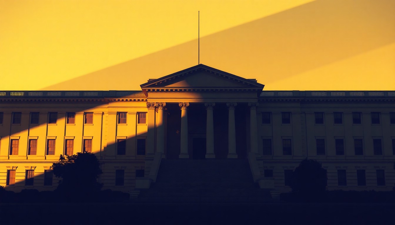 A dimly lit, cinematic painting of an empty government building, with warm sunlight casting dramatic shadows across the facade, conveying a sense of political tension and unease.