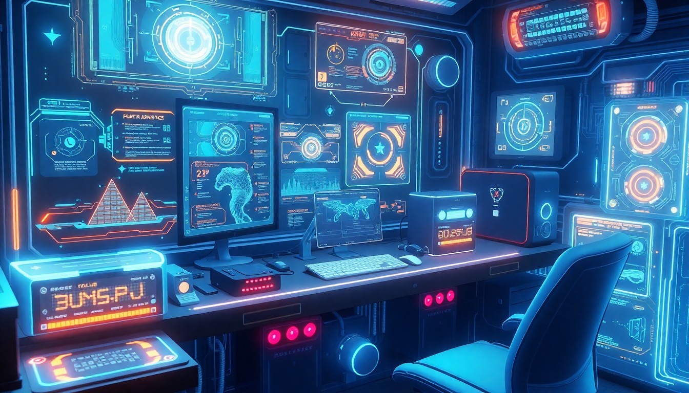 A highly detailed, glowing 3D illustration of a futuristic game development workstation, with holographic interfaces, pulsing data streams, and luminous hardware components, conveying a sense of advanced, AI-powered game creation tools that seamlessly integrate digital and physical elements.
