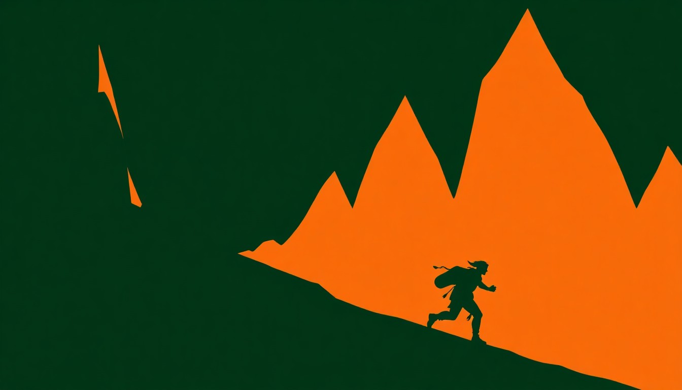 An abstract, minimalist illustration featuring jagged, geometric shapes in deep forest green and warm ochre, conceptually representing the fantasy adventure and magical elements of the 'Running With the Elves' story.