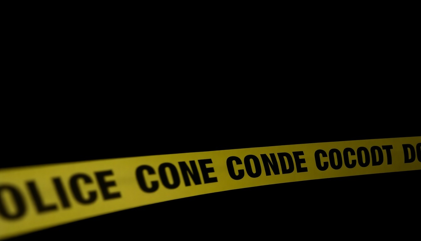 An extreme close-up of yellow and black police crime scene tape, the harsh flash creating a stark, gritty aesthetic that conveys the gravity of the situation unfolding in Haverhill.
