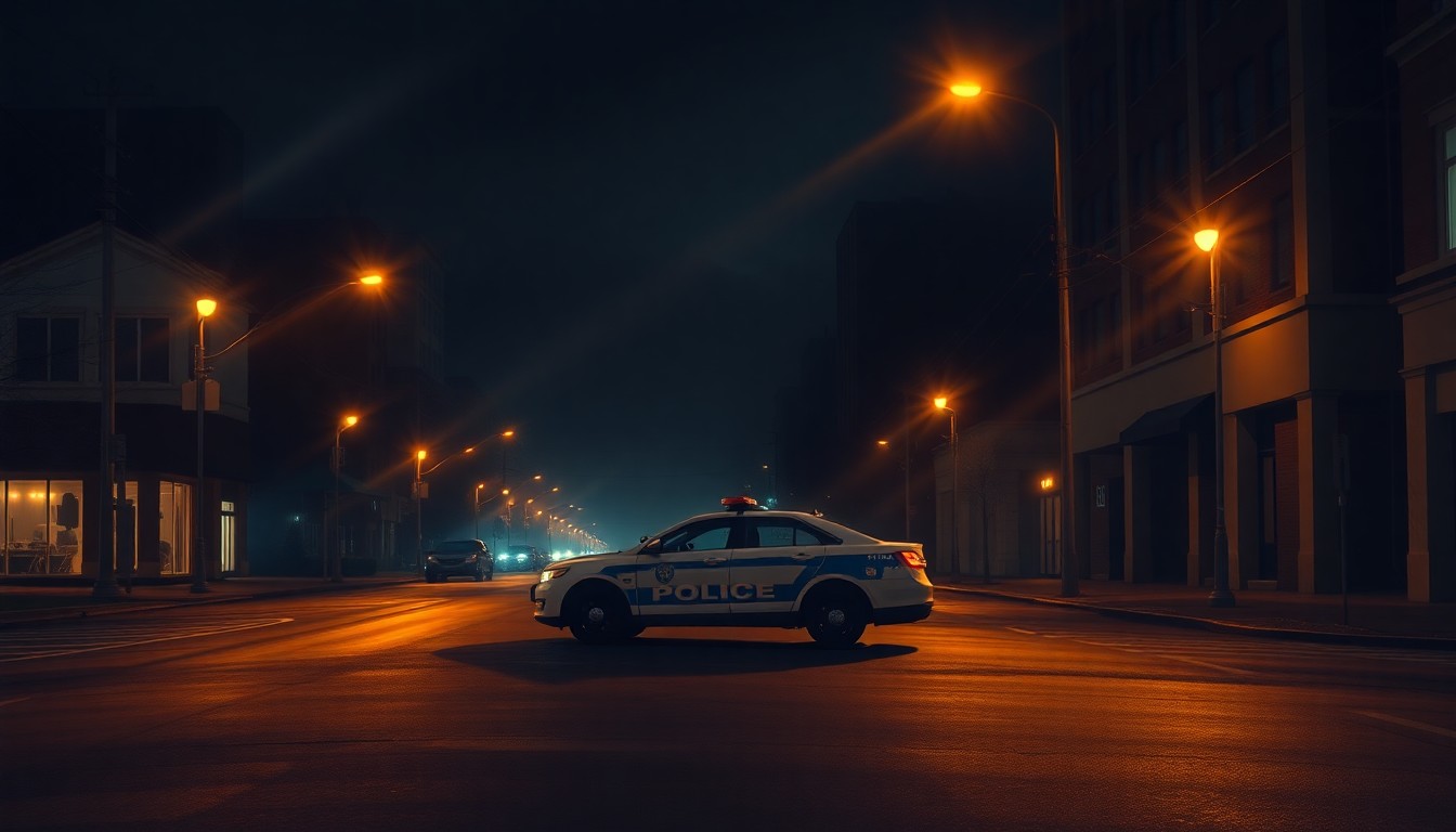A cinematic painting of a lone police car parked on a dimly lit, empty city street at night, with warm diagonal streetlights and deep shadows creating a sense of quiet tension and unease.