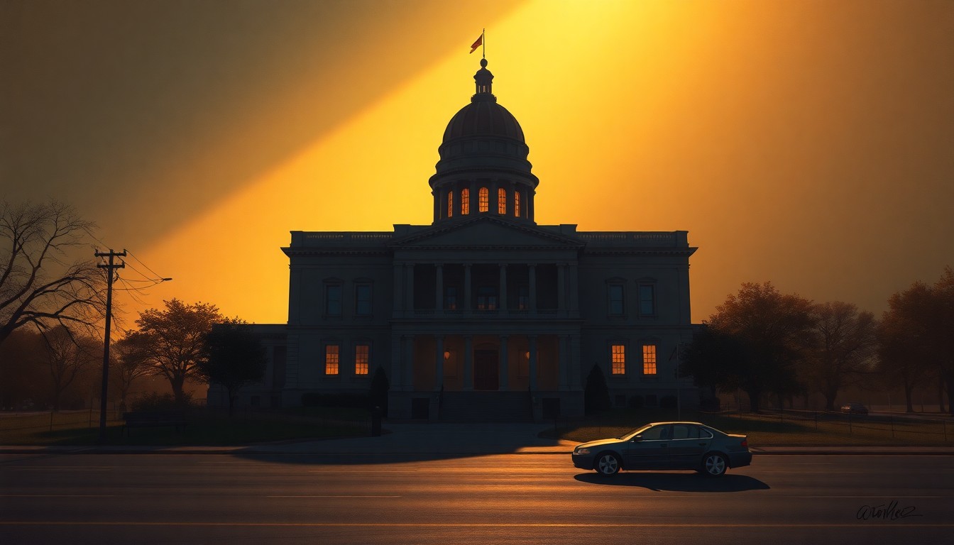 A serene, photorealistic painting of a state capitol building in warm, golden light, with a small car parked in the foreground, conveying a sense of quiet contemplation about the relationship between state and local politics.