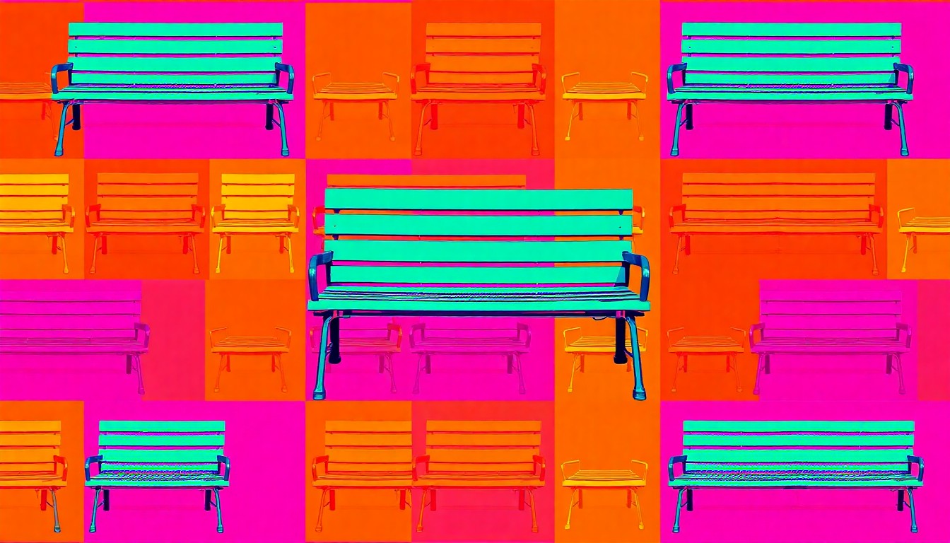 A brightly colored, high-contrast silkscreen print of a park bench repeated in a tight grid pattern, conceptually representing the homelessness crisis in Orlando.
