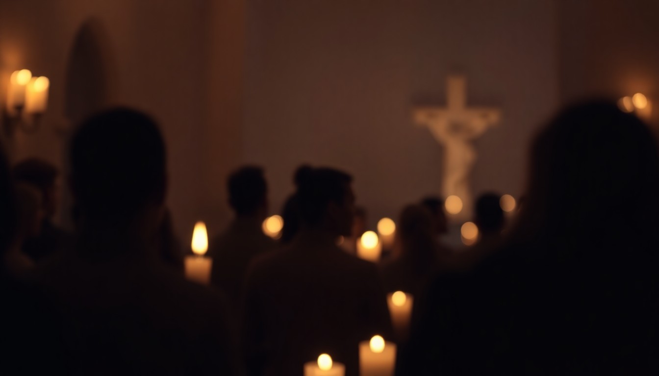 An abstract, impressionistic photograph in soft, warm tones depicting the blurred silhouettes of people gathered at a candlelit vigil, conveying the solemn mood of the community mourning.