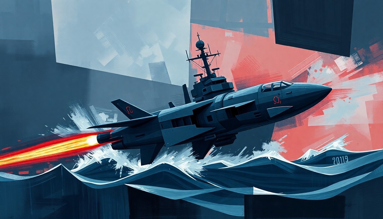 A fractured, abstract painting depicting the motion and power of a military weapon or vessel, with overlapping geometric shapes in shades of blue, gray, and red conveying a sense of tension and impending action.