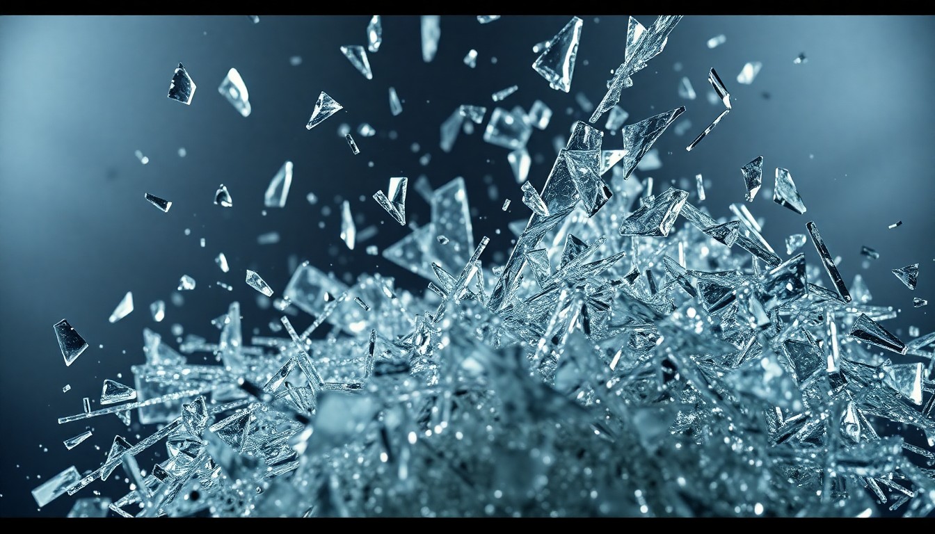 An abstract close-up image of shattered glass and glittering shards, captured in dramatic high-contrast studio lighting to create a sense of glamour and shock, conceptually representing the surprising nature of major plot twists in horror films.
