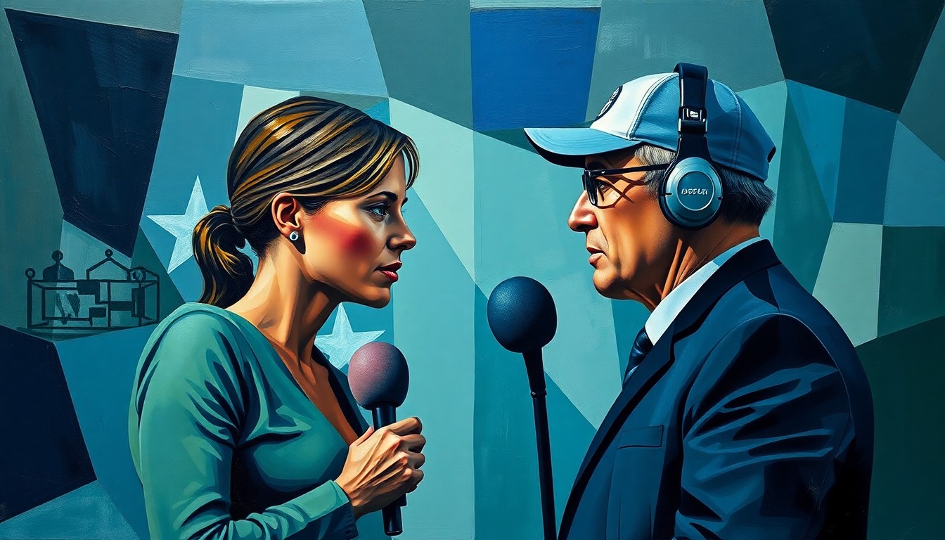 A fractured, geometric painting in muted blues, greens, and grays, depicting the complex power dynamics and scrutiny faced by women in sports media through an abstract, deconstructed visual representation of a reporter's interaction with a coach.