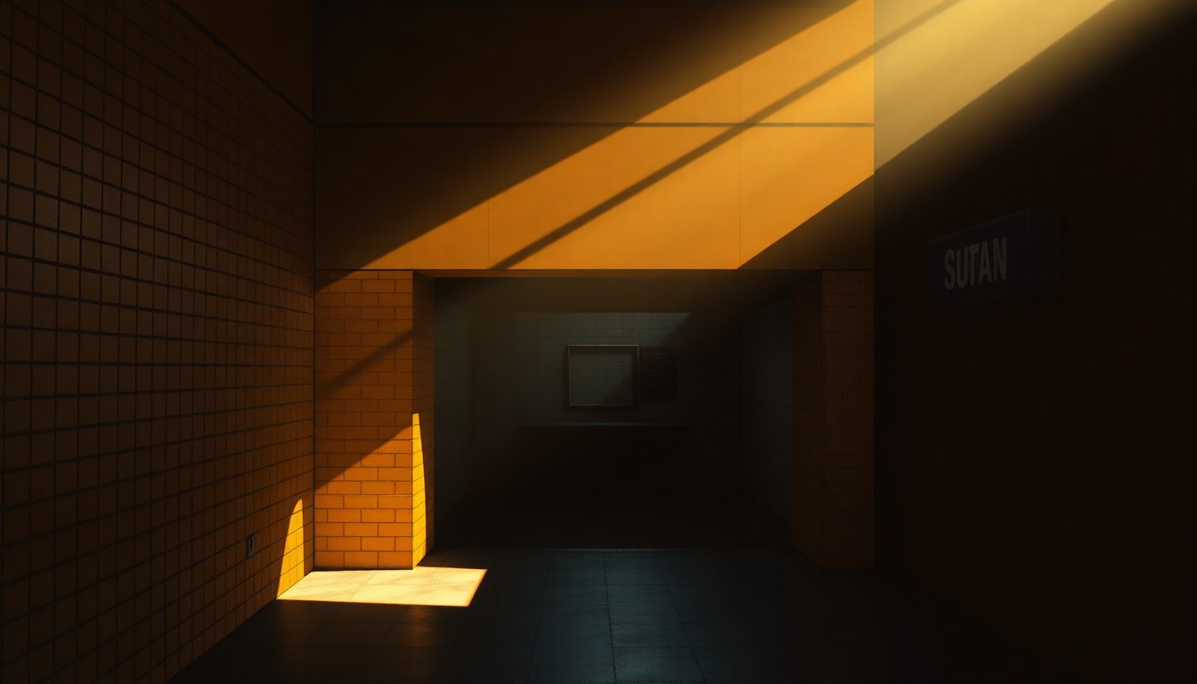 A serene, cinematic painting of a solitary subway entrance in New York City, with warm sunlight casting deep shadows across the scene, capturing the quiet anticipation and perseverance behind this critical transportation project.