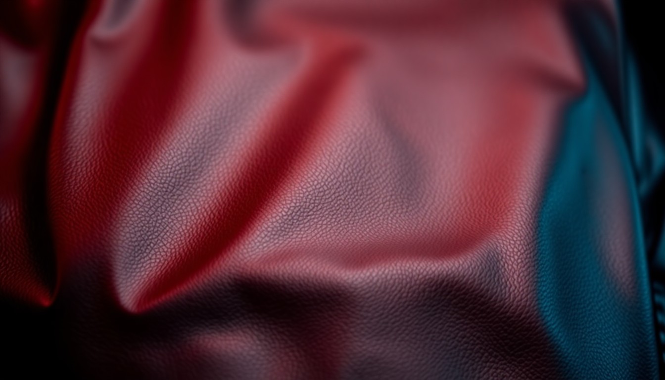 An extreme close-up photograph of a luxurious leather jacket texture, capturing the glossy sheen and supple material in an abstract, high-fashion style using dramatic, high-contrast studio lighting.