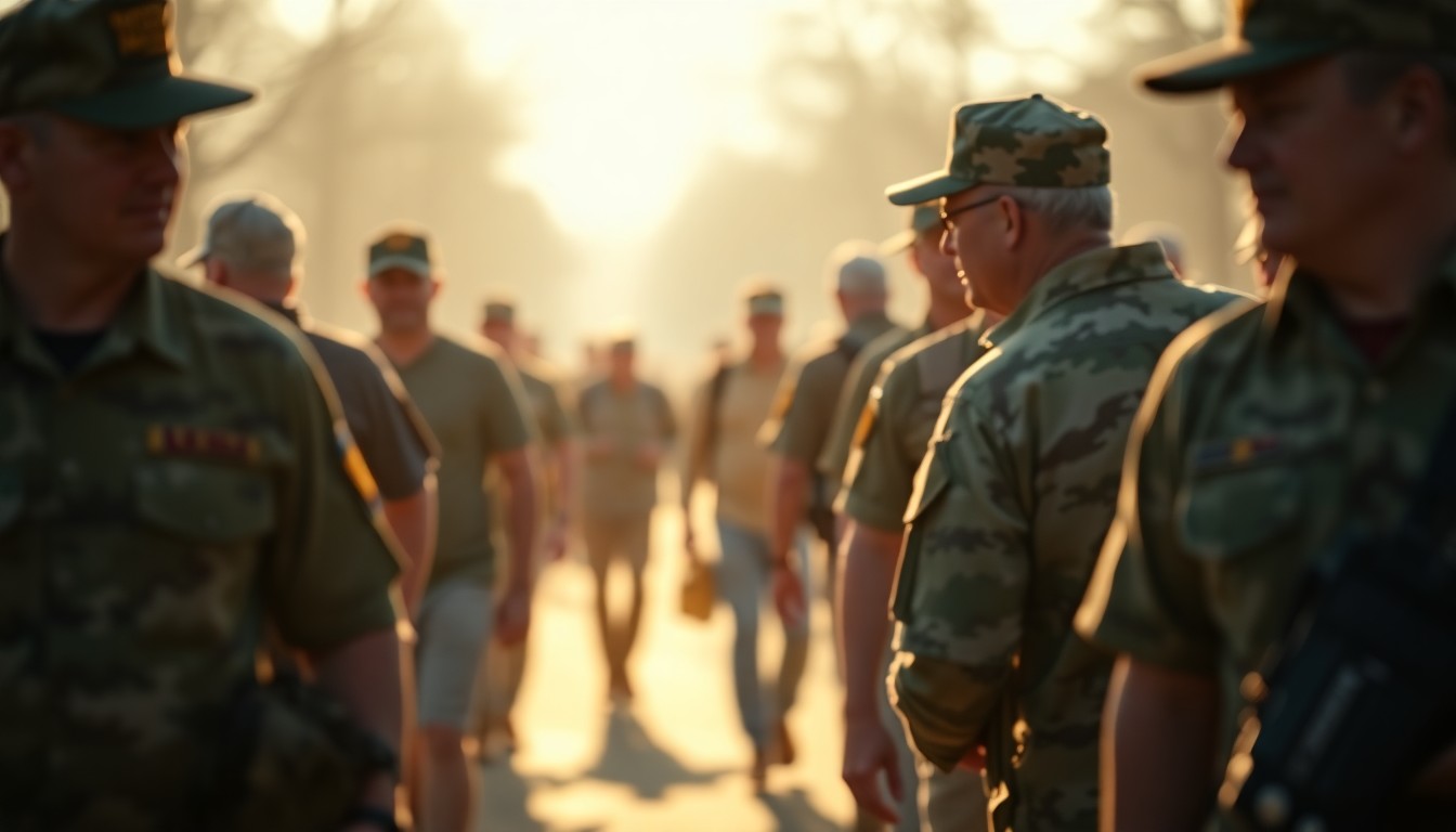 An abstract, impressionistic photograph in soft, warm tones depicting a group of veterans walking together, their faces obscured but their shared experience and camaraderie evident.